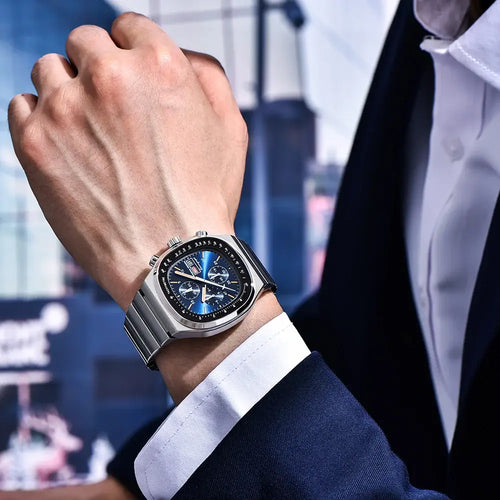 Montre Chronograph Horizon Prestige PAGANI DESIGN avec boîtier carré en acier inoxydable et verre saphir résistant aux rayures.