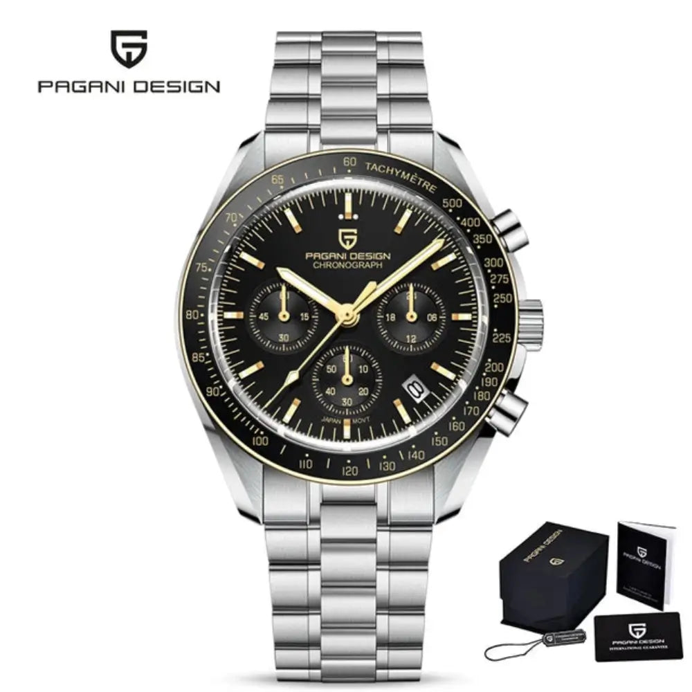 Montre homme inspirée de l’univers spatial avec mouvement japonais Seiko VK63 et résistance à l’eau 10 bar.