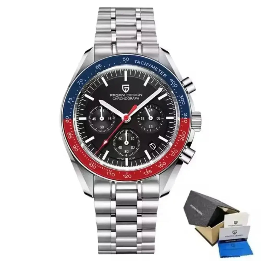 Montre chronographe PAGANI DESIGN avec verre saphir résistant, affichage lumineux et style sportif premium.