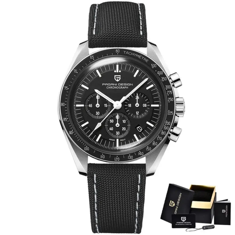 Montre chronographe homme acier inoxydable avec affichage multi-fuseaux horaires et étanchéité 100 mètres.