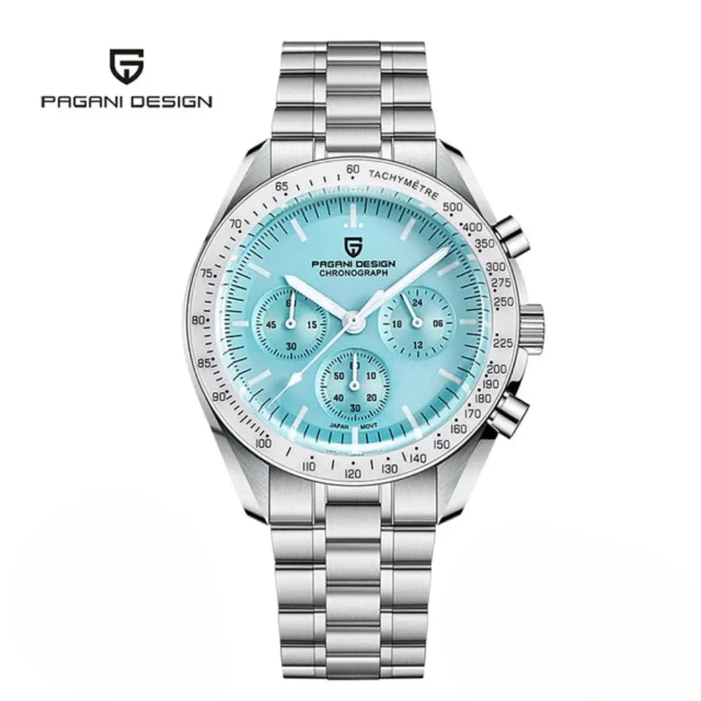 Montre chronographe élégante avec boîtier rond acier, calendrier complet et affichage nocturne lumineux.