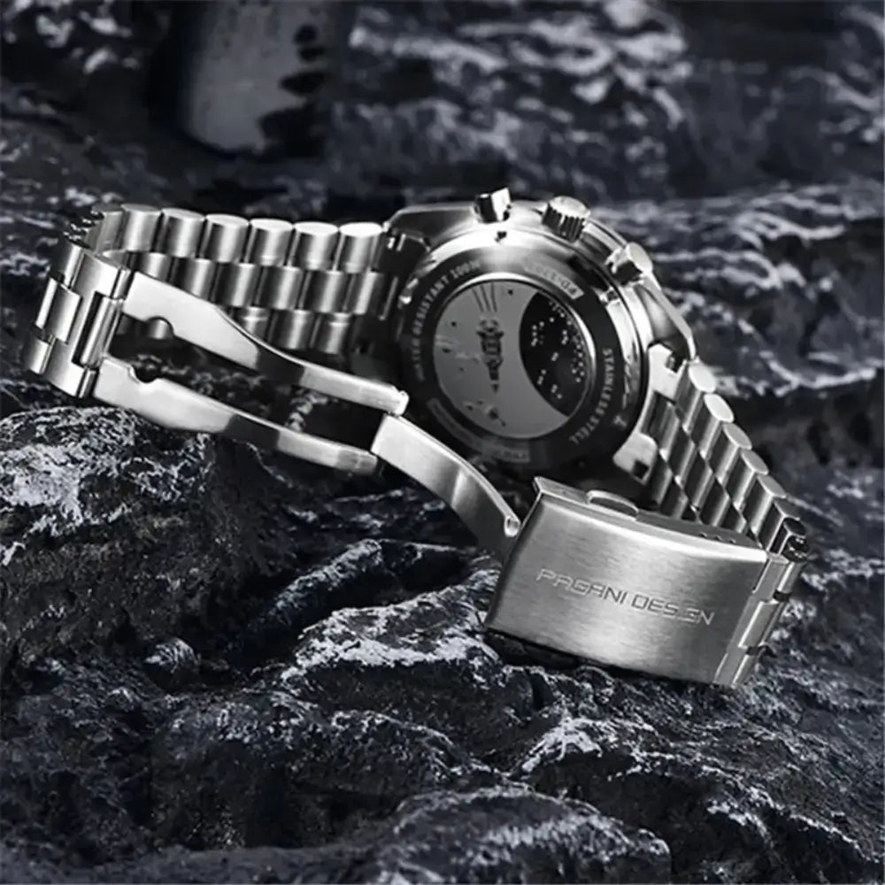 Montre PAGANI DESIGN PD-1701 style Speedmaster avec chronographe professionnel et verre saphir anti-rayures.