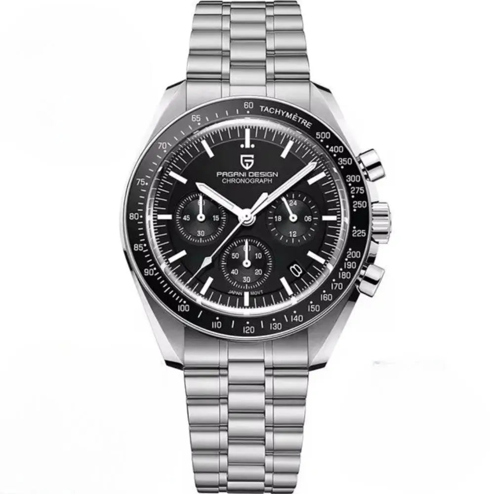 Montre acier inoxydable avec mouvement japonais Seiko VK63 et design luxueux inspiré des montres lunaires.