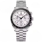 Montre chronographe homme acier inoxydable avec affichage multi-fuseaux horaires et étanchéité 100 mètres.
