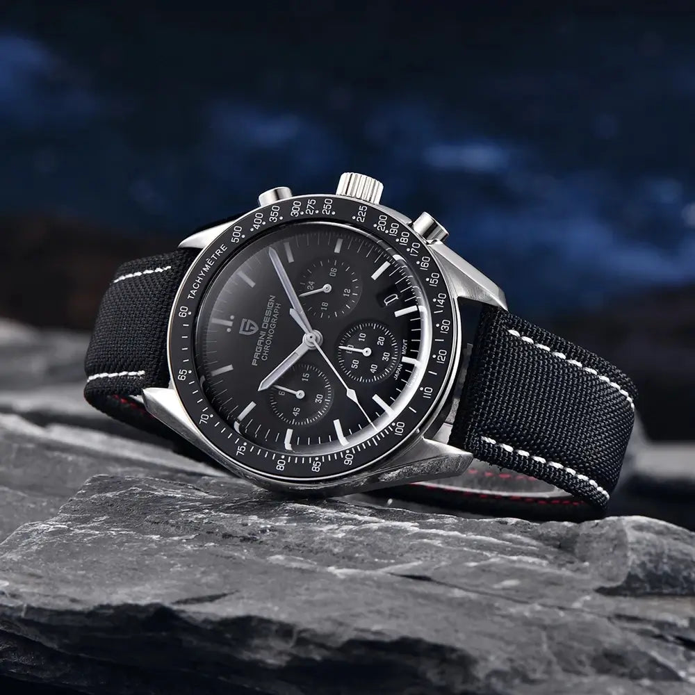 Montre Lunar Velocity Prestige avec boîtier acier inoxydable, fonction chronographe et calendrier complet.