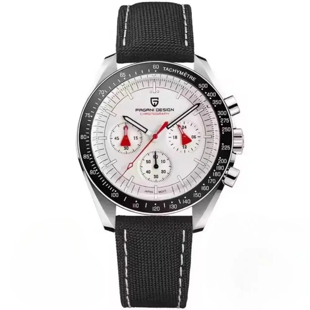 Montre homme inspirée de l’univers spatial avec mouvement japonais Seiko VK63 et résistance à l’eau 10 bar.
