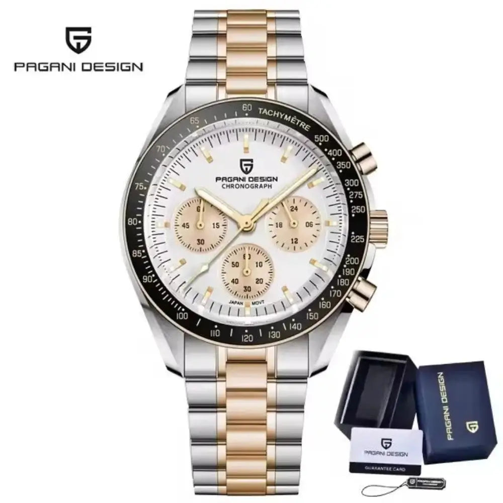 Montre chronographe quartz luxe pour homme avec design lunaire, bracelet confortable et cadran haute lisibilité.