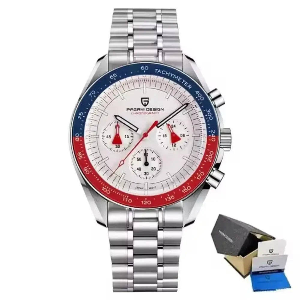 Montre homme sportive et élégante avec chronographe Seiko VK63, affichage lumineux et étanchéité 100 mètres.