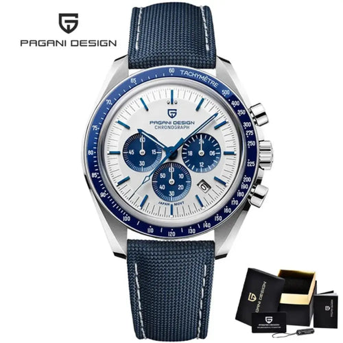 Montre chronographe quartz luxe pour homme avec design lunaire, bracelet confortable et cadran haute lisibilité.