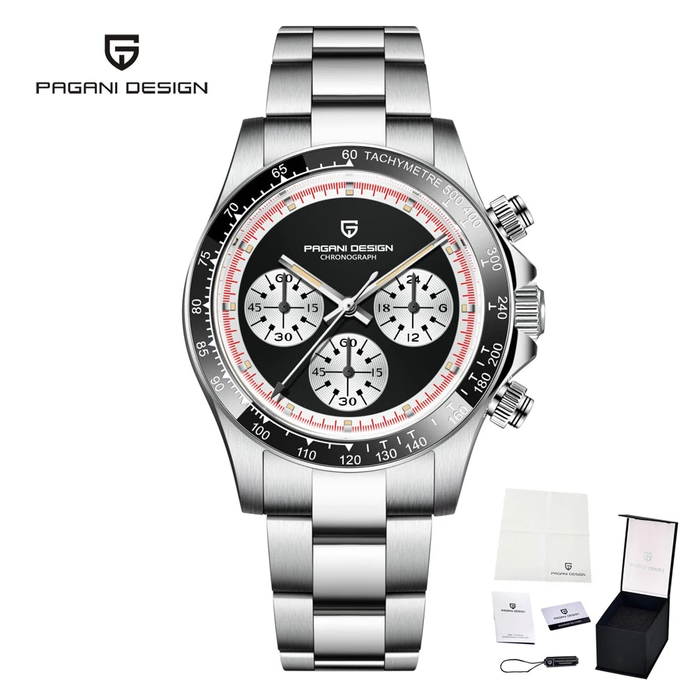 Montre chronographe acier inoxydable PAGANI DESIGN avec fonction date automatique, verre saphir et style business moderne.