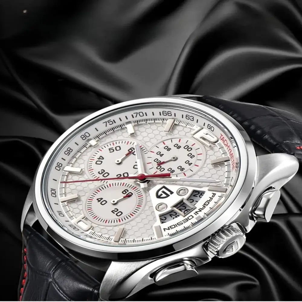 Montre PAGANI DESIGN PD-3306 avec boîtier acier inoxydable, bracelet cuir et fonction chronomètre intégrée.