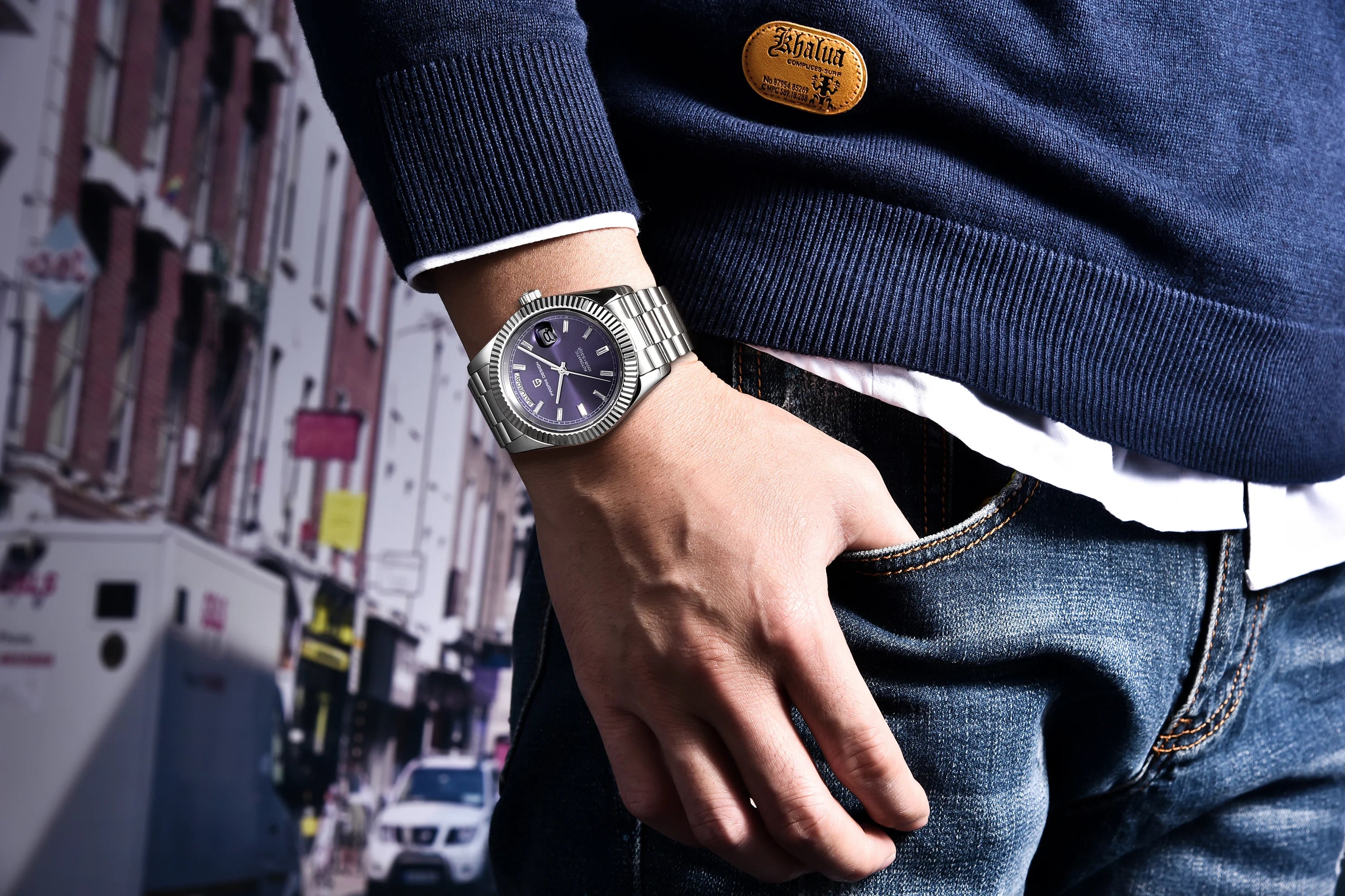Montre mécanique automatique homme bracelet acier et cadran jour-date