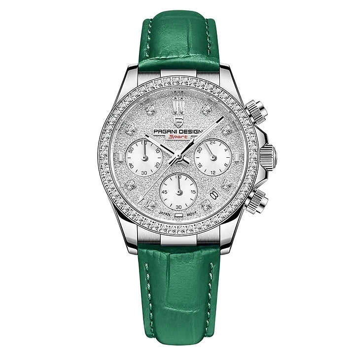 Montre mécanique Élégance Cristal Lunaire avec cadran serti de cristaux et bracelet en cuir