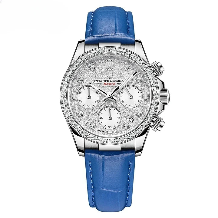 Montre femme avec cadran lumineux orné de cristaux et bracelet en cuir véritable