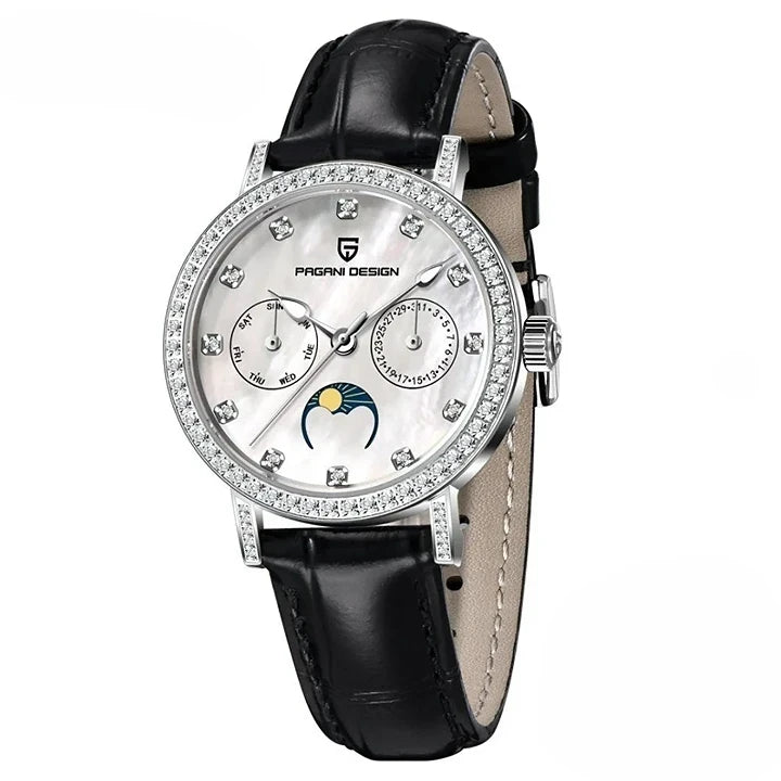 Montre Mécanique Élégance Lunaire Prestige avec bracelet en cuir véritable
