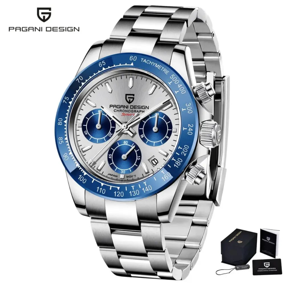 montre sportive homme chronographe quartz japonais cadran météorite acier inoxydable premium