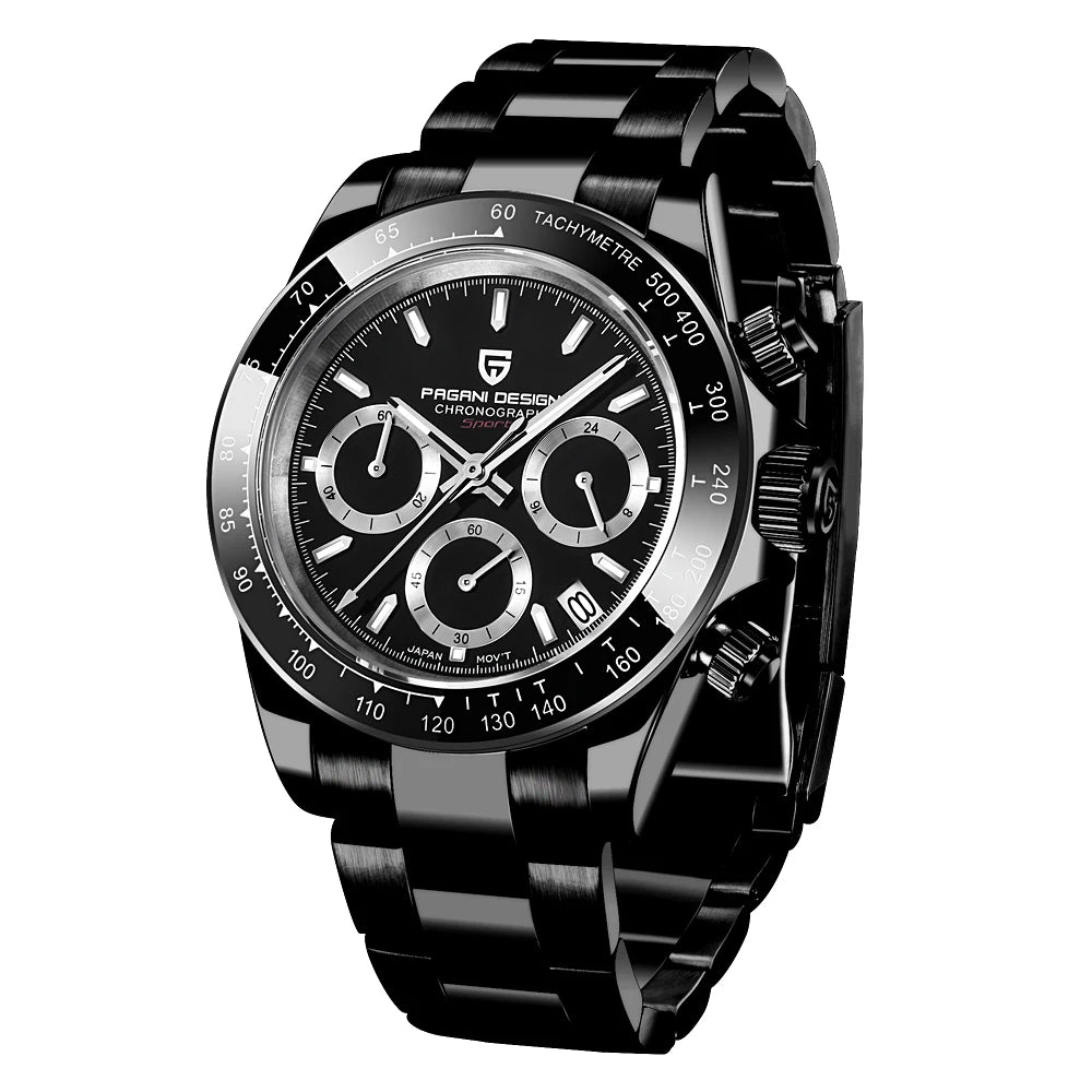montre sportive homme chronographe quartz japonais cadran météorite acier inoxydable premium