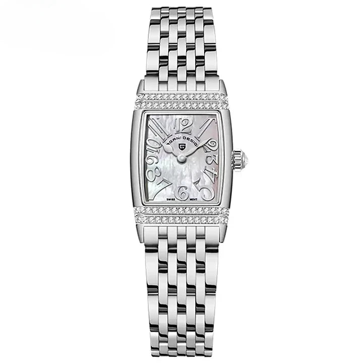 Montre femme à quartz avec boîtier carré en acier inoxydable et verre saphir
