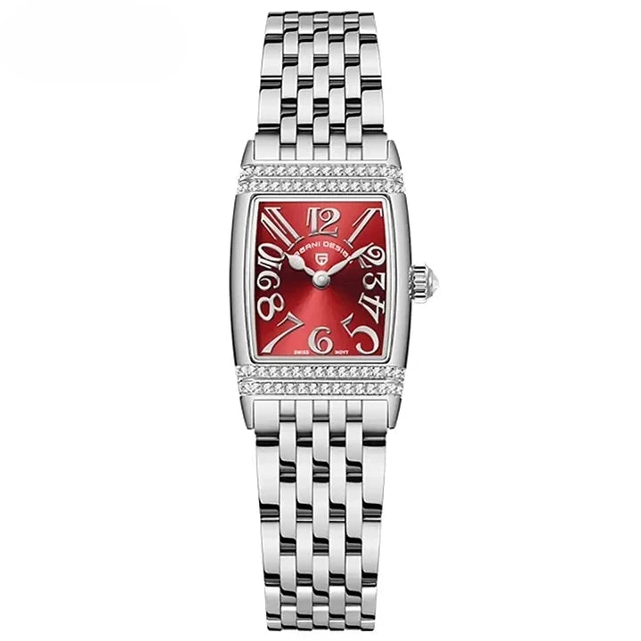 Montre femme avec cadran carré raffiné et bracelet métallique premium
