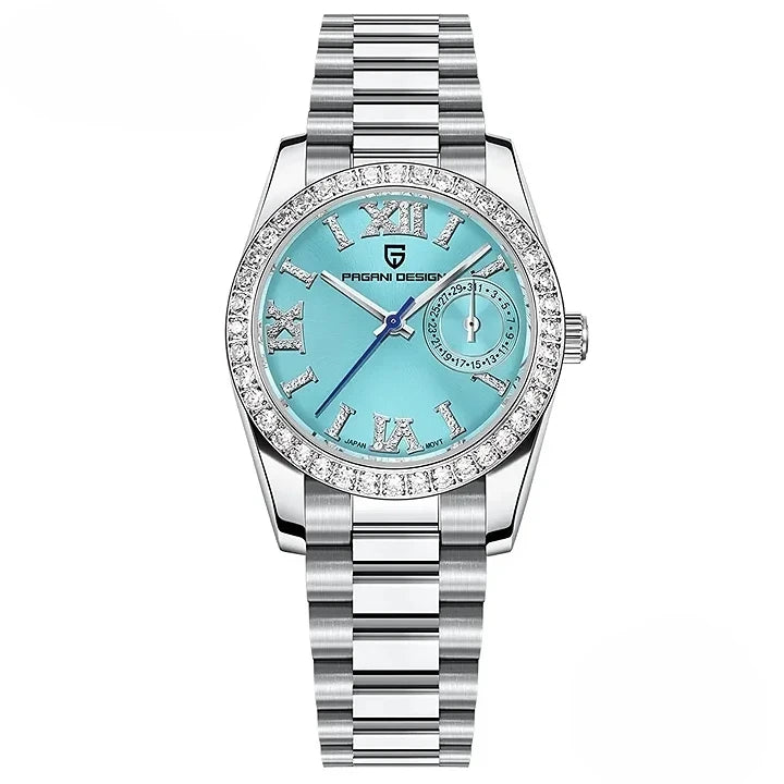 Montre femme luxe avec boîtier en acier inoxydable et design contemporain