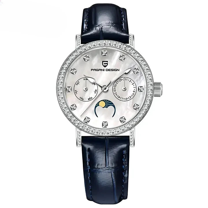 Cadran nacré et bracelet de la montre femme Lune Élégance Divine vus de près